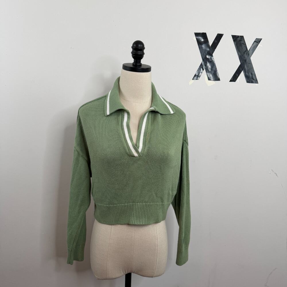 PINK Sage Green White Stripe Collar Chunky Ribbed Knit Cropped Polo Sweater S